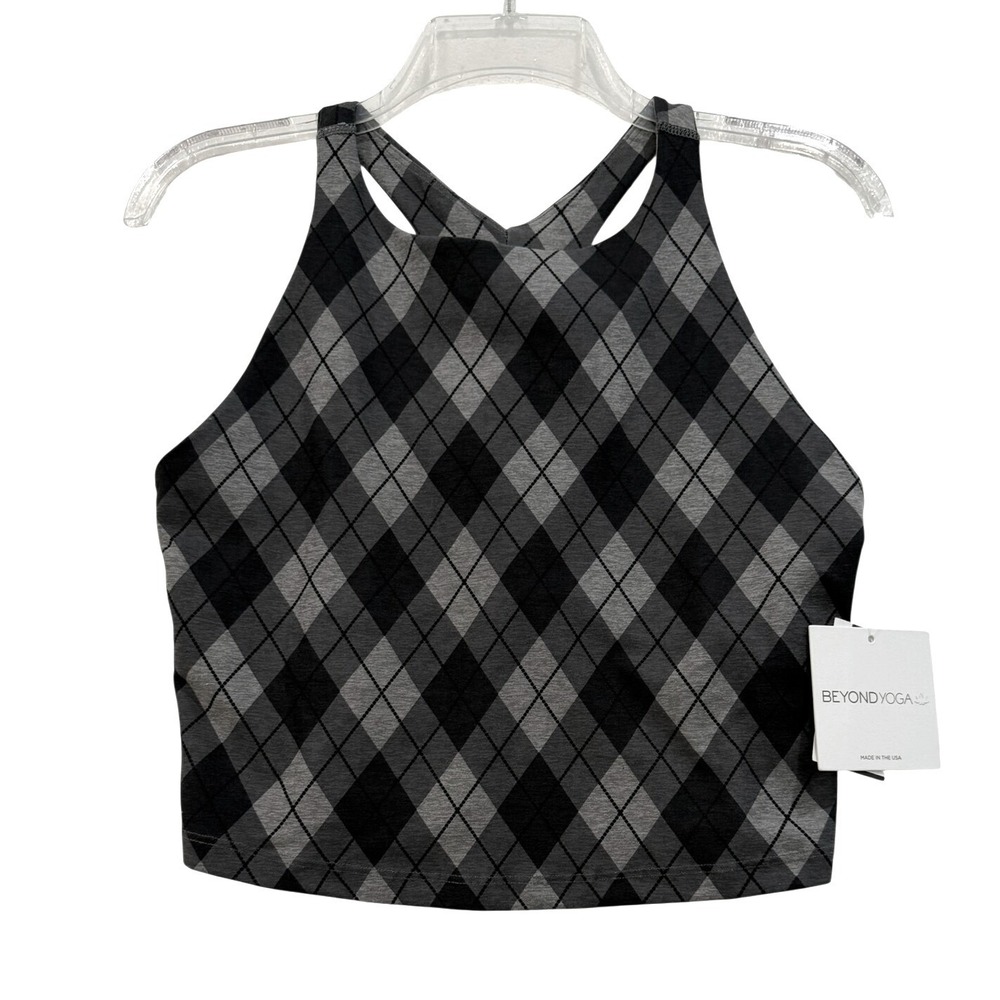 Beyond Yoga Argyle Racerback Crop‎ Tank Top Grey Black Size L NEW